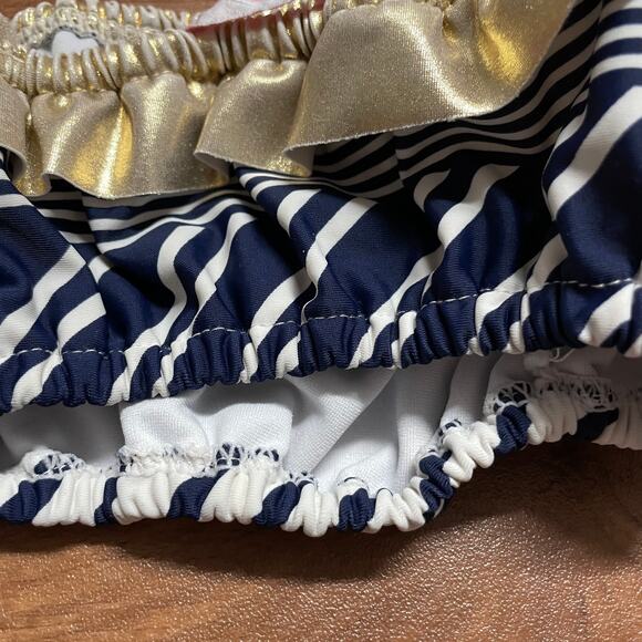 Tommy Bahama Girls Blue White Metallic Gold Striped Ruffled Bikini Top Size 7 - Picture 4 of 6